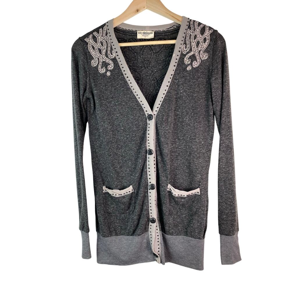 MM Unplugged by Miss Me Women's Size S‎ Gray Rhinestone Linen Blend Duster *